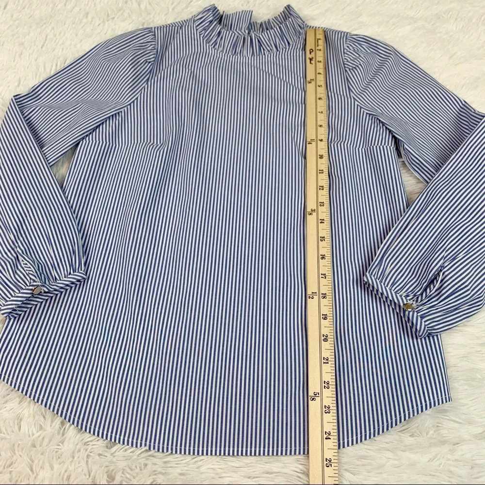 J Crew Long-sleeve ruffleneck top in stripe‎ high neck puff sleeves